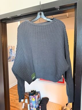 Crochet Ribbed Crewneck Sweater - Dark Gray